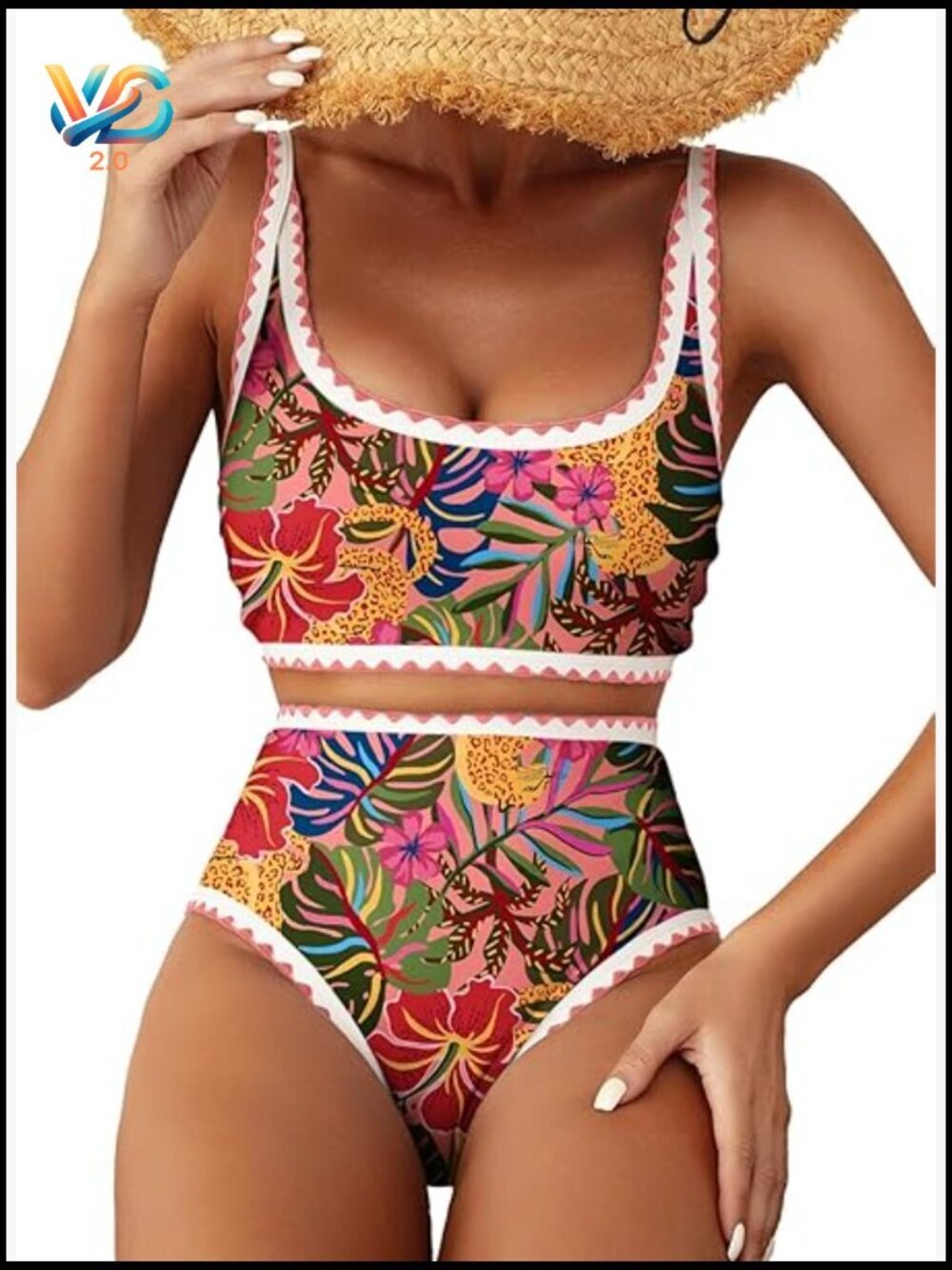 Floral Print High Waisted Bikini Set Scoop Neck Padded Tummy Control Two Piece